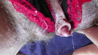 My Wet big clit hairy pussy in panties after huge orgasm