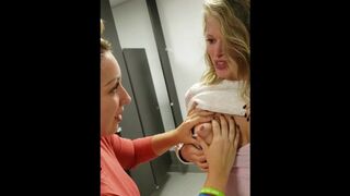 MFF breastfeeding squirting threeway in a public restroom